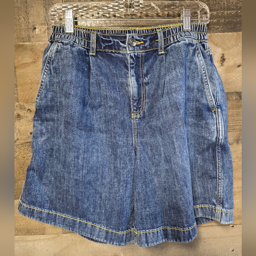 Aerie Dark Blue Denim Shorts with Yellow Stitching
